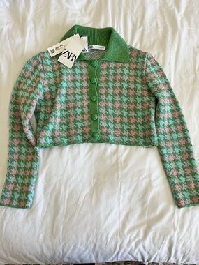 Zara Green and Pink Knit Cardigan with Button Detail
